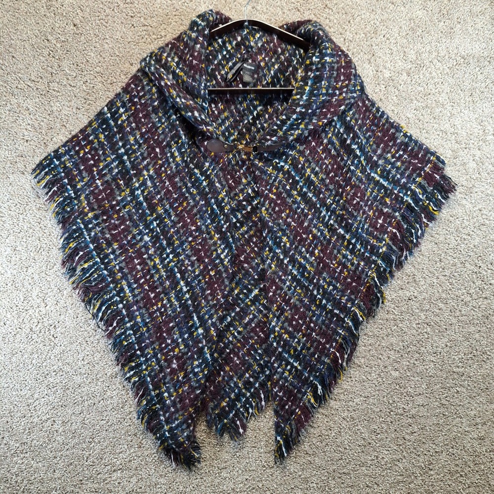 Modena Poncho Women One Size Multicolor Plaid Fringed Cowl Neck Boho Casual Chic